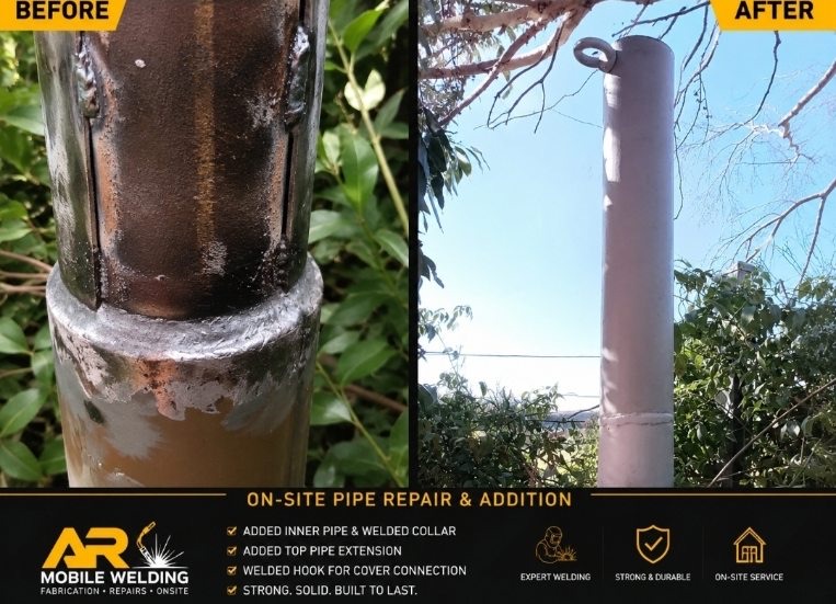 Before and after: a close-up of the welded collar and slotted joint with heat colouring, then the finished pipe standing extended against the sky with a welded eye on top.