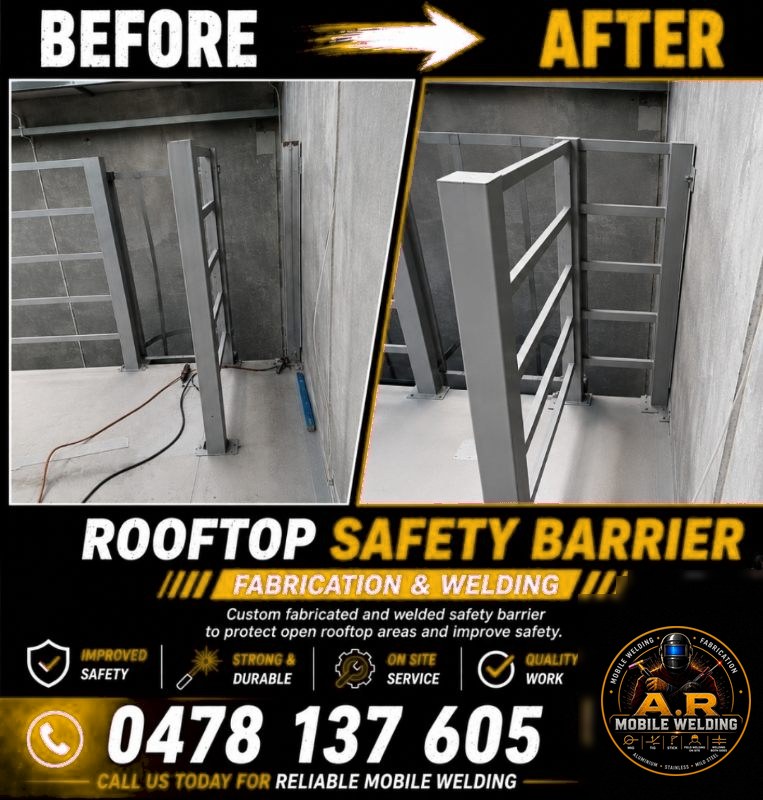 Before and after: a grey painted rooftop barrier standing mid-install on its base plates with welding leads run across the slab, then the finished barrier fixed off.