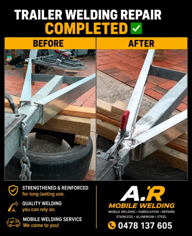 Before and after close-ups of a galvanised trailer brace resting unwelded on the drawbar rail, then welded to it with a heavy fresh bead.