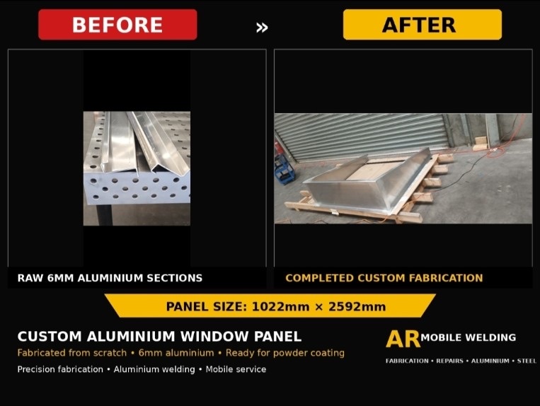 Before and after: raw 6mm aluminium channel and angle on a perforated welding bench, then the finished welded panel on timber bearers outside a roller door.